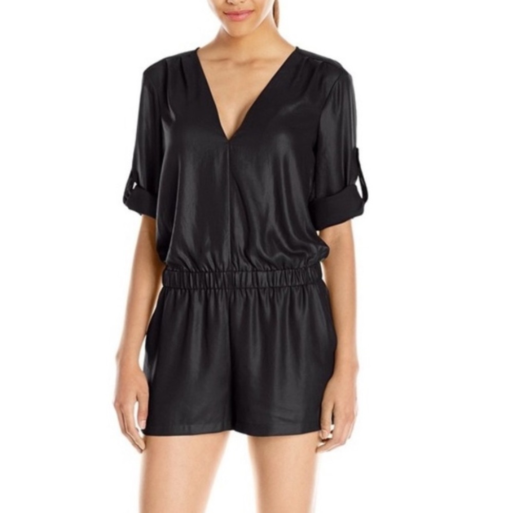 BCBG MaxAzria “Soren” black shimmer shorts romper